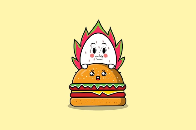 Cute Dragon fruit cartoon character hiding in burger illustration in flat modern design