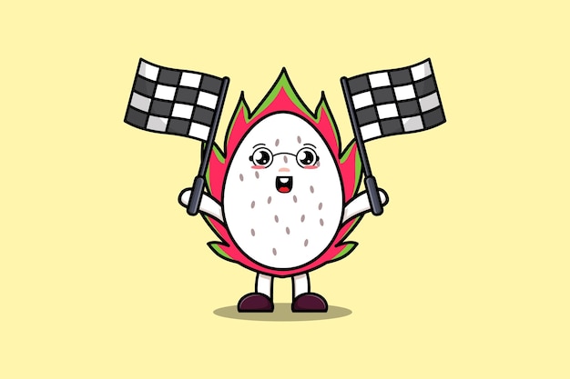 Cute Dragon fruit cartoon holding race flag