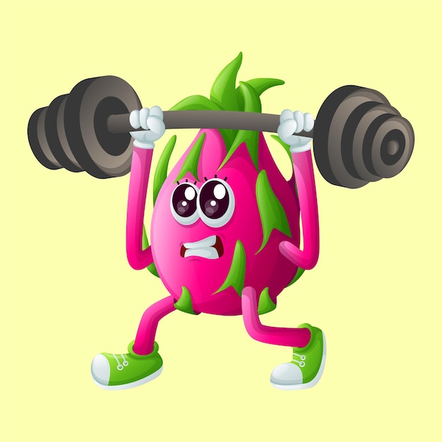 Cute dragon fruit character lifting weights