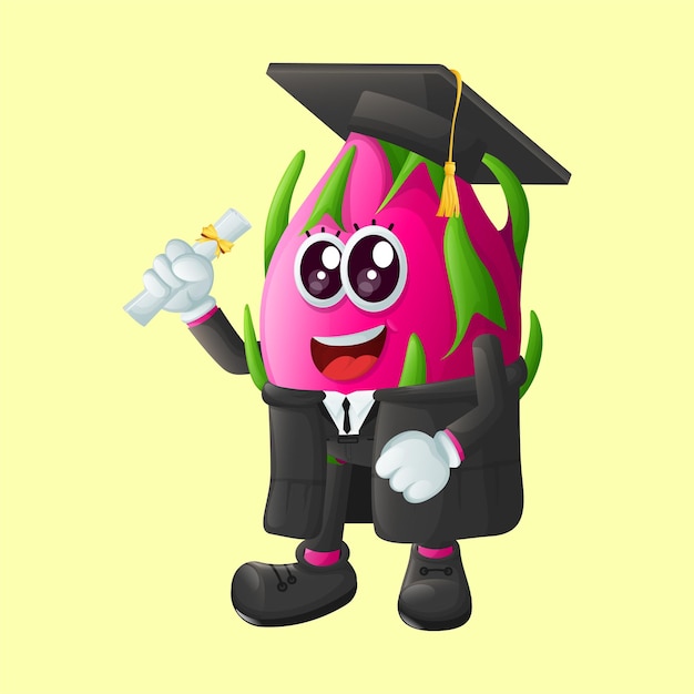 Cute dragon fruit character wearing a graduation cap and holding a diploma