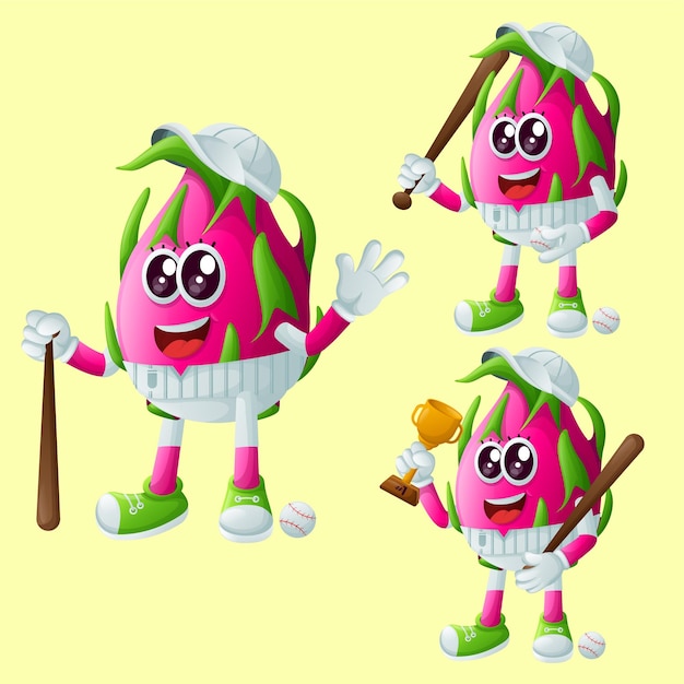 Cute dragon fruit characters playing baseball