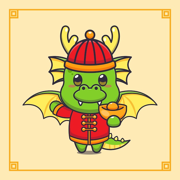 Vector cute dragon holding gold money in chinese new year