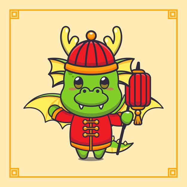 Vector cute dragon holding lantern in chinese new year