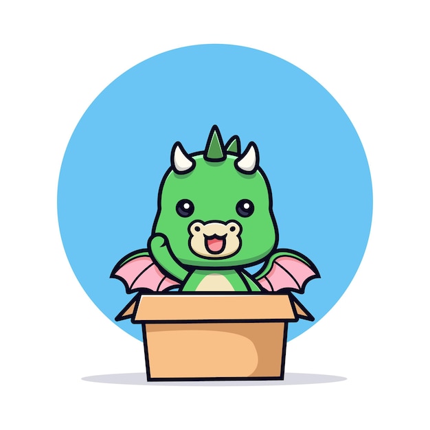 Cute dragon inside box and waving hand animal mascot character