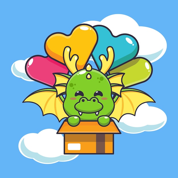 Vector cute dragon mascot cartoon character fly with balloon.