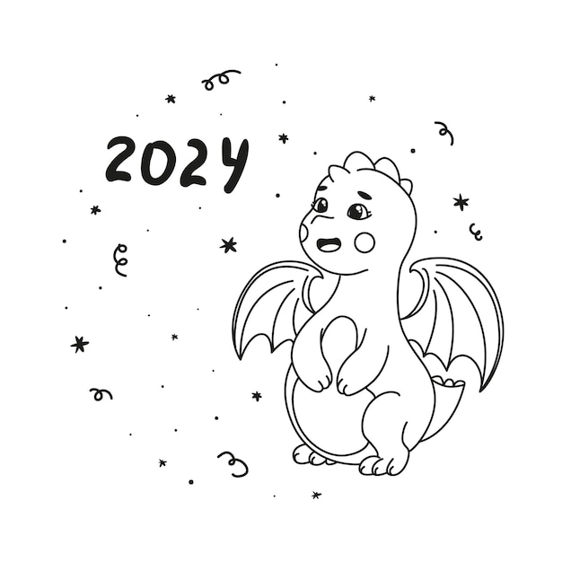 cute dragon new year 2024 year of the green wooden dragon black and white coloring page