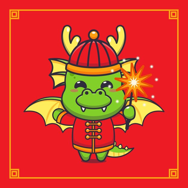 Cute dragon playing firework in chinese new year