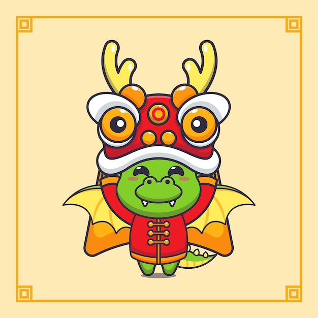 Vector cute dragon playing lion dance in chinese new year