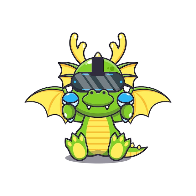 Cute dragon playing virtual reality cartoon vector illustration.