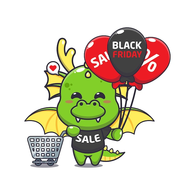 cute dragon with shopping cart and balloon at black friday sale cartoon vector illustration