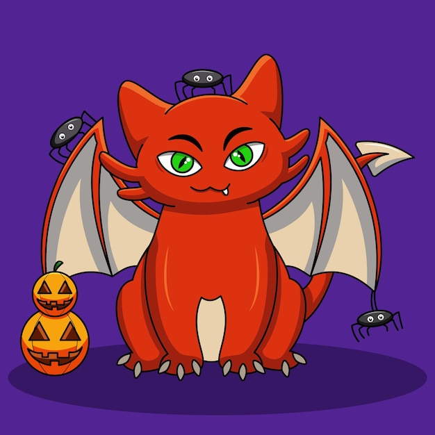 Cute Dragon With Spider And Pumpkin Illustration