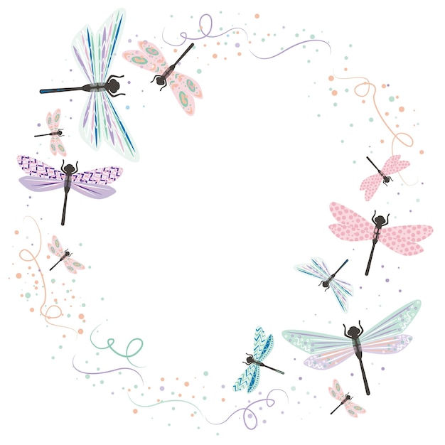 Симпатичная стрекоза, муха, насекомое, векторный рисунок, красочный дизайн, круговая рамка на белом фоне