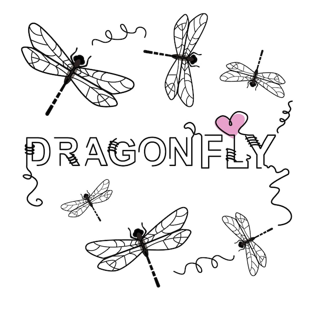 Cute dragonfly housefly insetto vettore linea di disegno disegno artistico cornice circolare su sfondo bianco