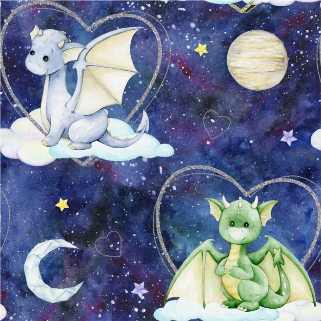 cute dragons clouds moon silver hearts watercolor seamless pattern on a blue background