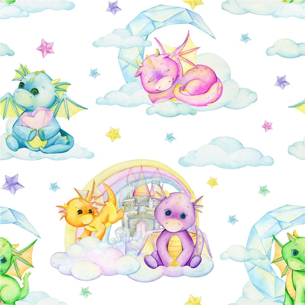 Cute dragons of different colors fairy castle rainbow clouds crystals stars moon Seamless pattern cartoon style painted in watercolor