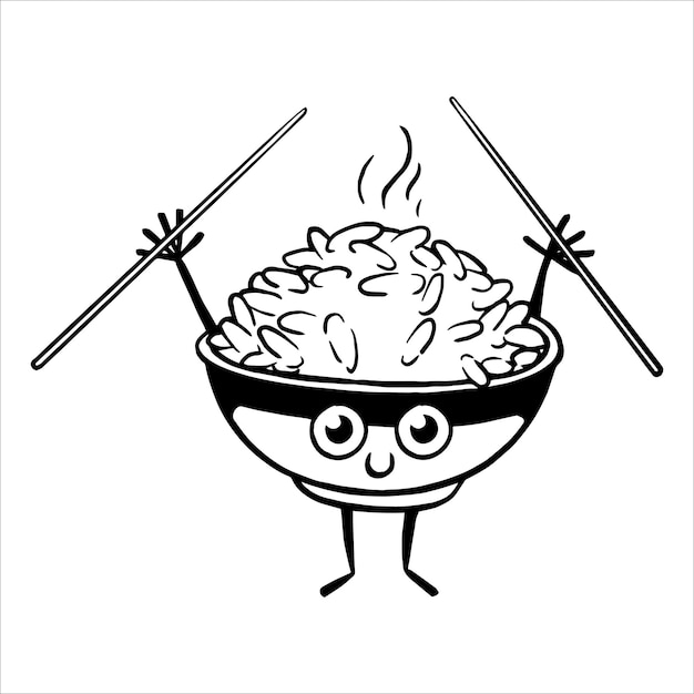 милый рисунок в стиле каракули. характерная тарелка риса с китайскими палочками для еды. азиатская кухня, япония