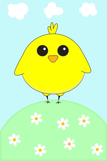 Cute drawing of a yellow chick in a flower meadow for kindergarten children