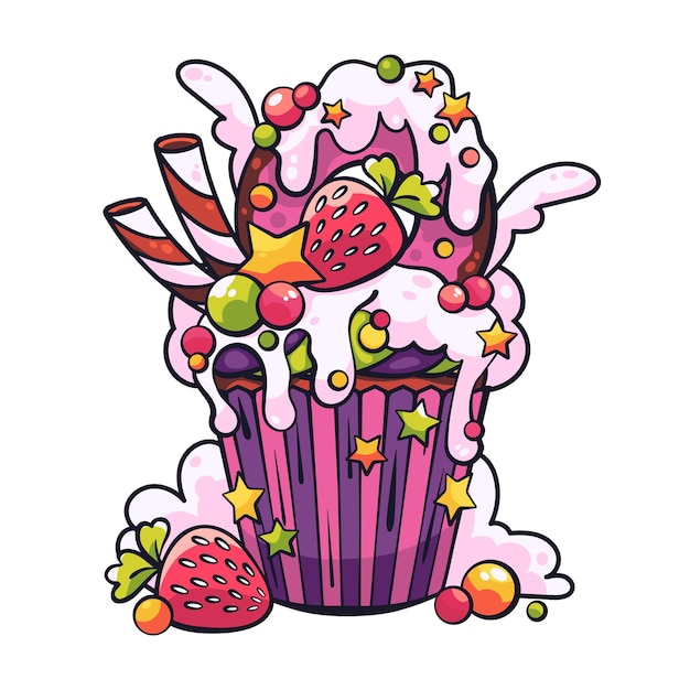 Cute drawn cupcake with whipped cream fruits and lollipops