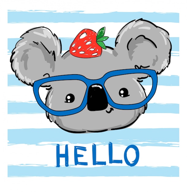 Vector cute drawn koala in glasses with strawberries on the head.