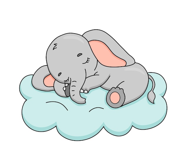 Simpatico elefantino sognante sulla nuvola illustrazione vettoriale disegnata a mano da cartone animato cucciolo di animale