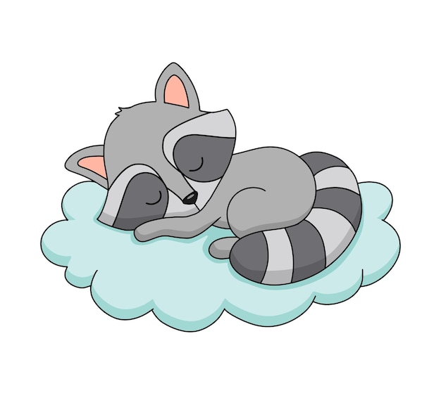 Cute dreaming baby raccoon on cloud Cartoon hand drawn vector illustration Baby animal