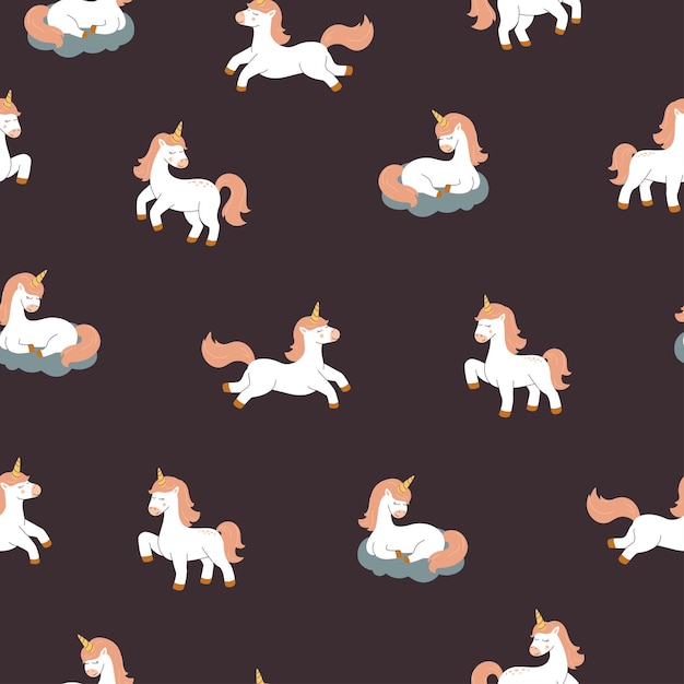 Cute dreaming unicorns seamless pattern vector background with magic ponies