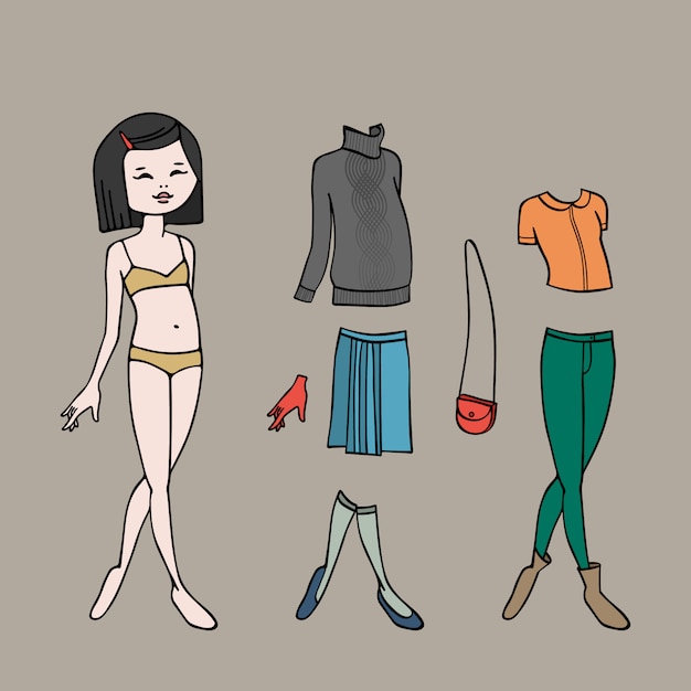 Vector cute dress up paper doll. body template, clothing and accessories