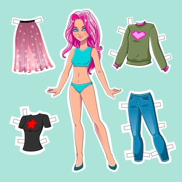 Paper doll fashion clothes set, cute anime girl for dress-up game