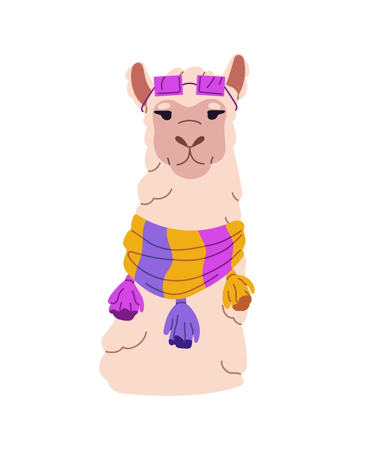 Vector cute dressed llama avatar lama with colourful peru scarf glasses happy alpaca with stylish sunglasses fashion animal character wears trendy clothes flat isolated vector illustration on white