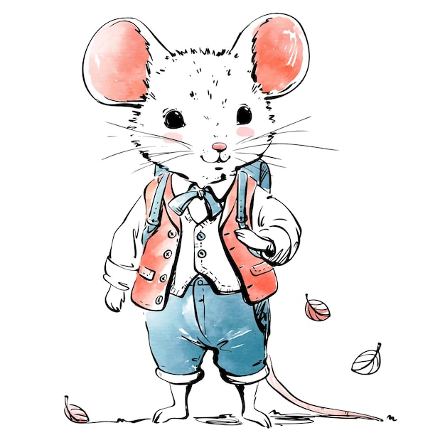 Vector cute dressed up mouse with a school backpack in autumn charming animal in clothes imperfect retro