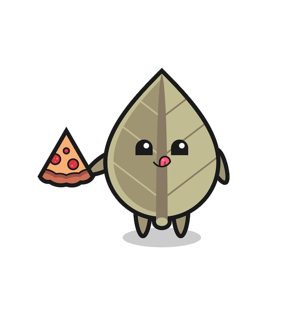 Simpatico cartone animato con foglie secche che mangia pizza