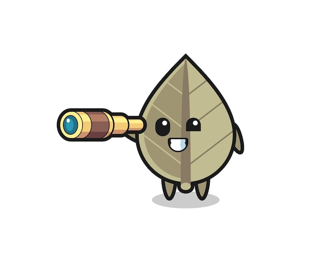 Cute dried leaf character is holding an old telescope