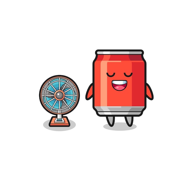 Cute drink can is standing in front of the fan
