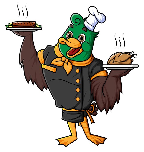 Vector cute duck cartoon character who is a professional chef posing with two plates of food