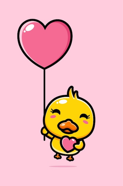 cute duck flying with a love balloon