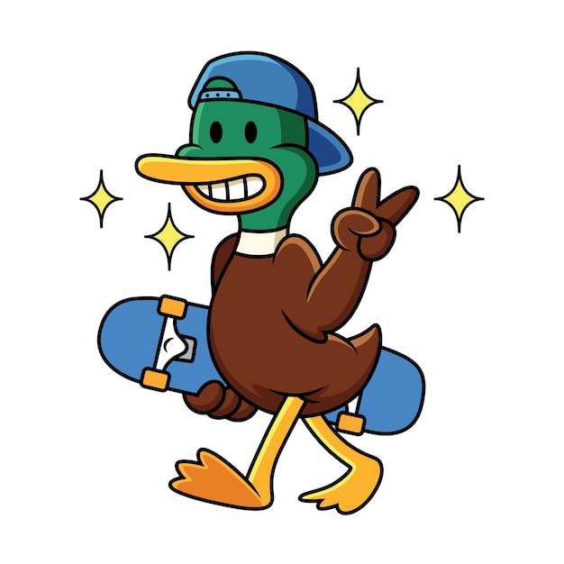 Vector cute duck holding skateboard icon illustration with big smile