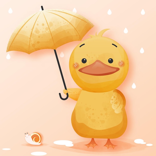 Vector a cute duck is spreading an umbrella for the snail