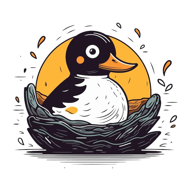 Vector cute duck in the nest vector illustration in cartoon style