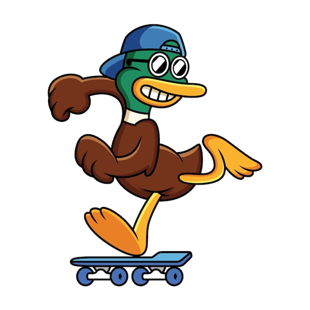 Cute duck playing skateboard cartoon Illustration