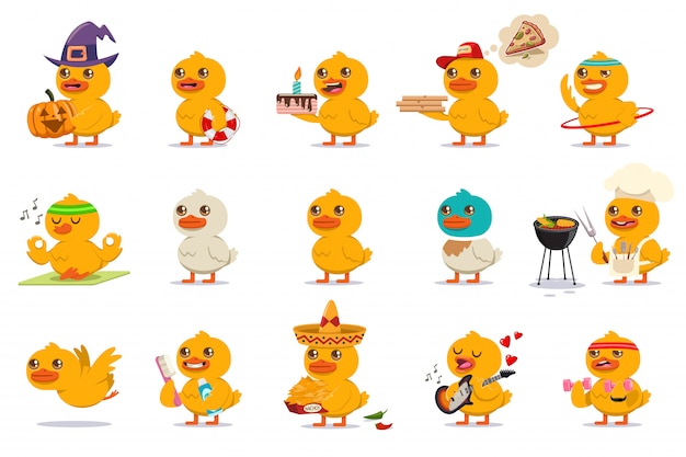 Cute duck set cartoon characters isolated