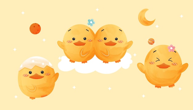 Vector cute duck set on the planet watercolor style.