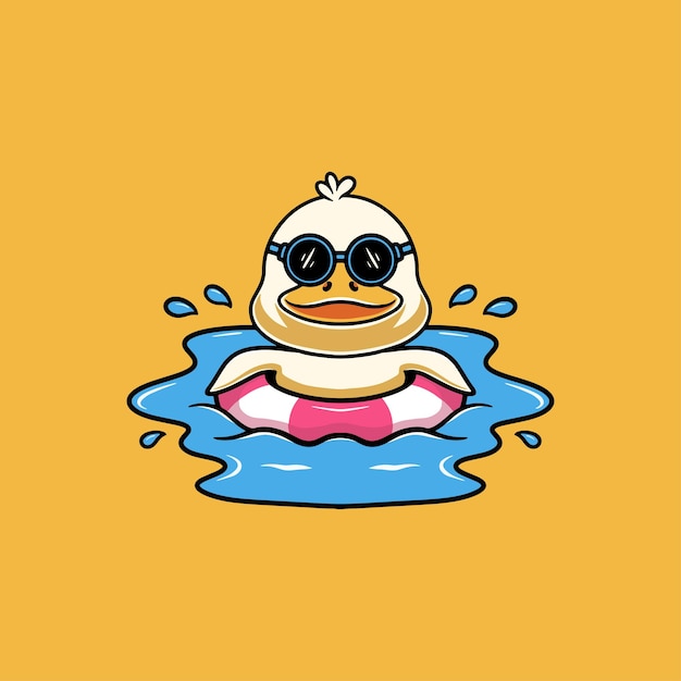 Cute duck vacation on a beach cartoon illustration