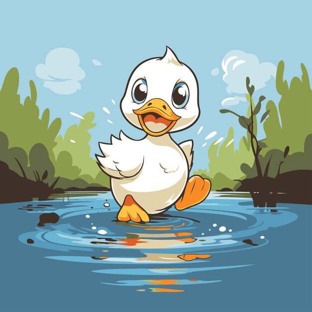 Cute duck in the water Vector illustration Cartoon style