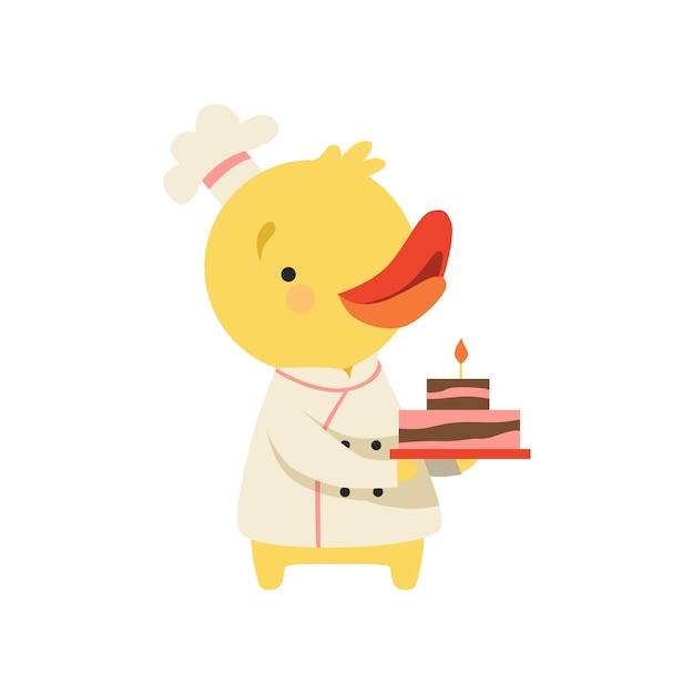 Vector cute duckling in chef uniform holding cupcake cartoon bird character cooking vector illustration isolated on a white background