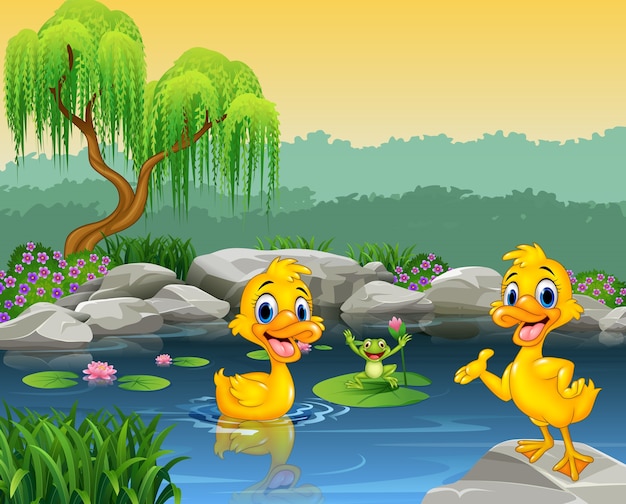 Vector cute ducks swimming on the pond and frog