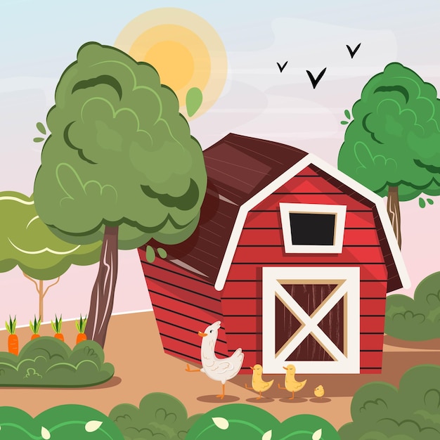 Cute ducks walking next to the red farm barn Farmland illustration in vector flat cartoon style