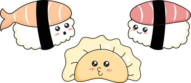 Vector cute dumpling and sushi with salmon in the style of kawaii