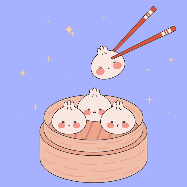 Vector cute dumplings with different emoticons on a bamboo board kawaii dim sum asian traditional cuisine