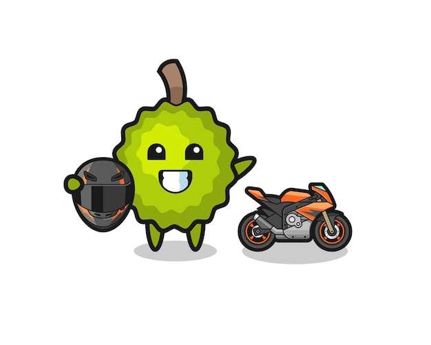 Cute durian cartoon as a motorcycle racer