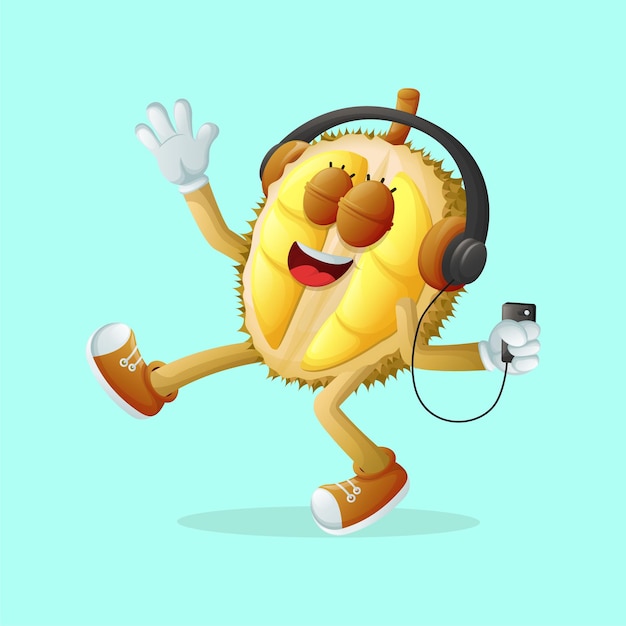 Cute durian character listening to music